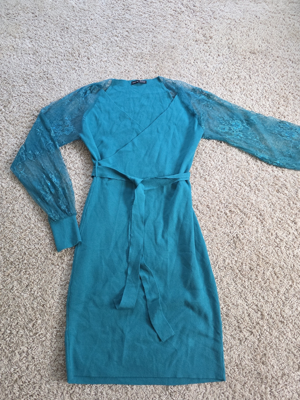 SHEIN Teal Lace Sleeve Belted Wrap Mini Bodycon Dress Size S 4